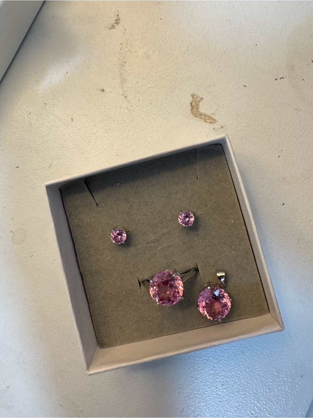 Sterling Silver (S925) Pink Crystal Jewelry Set — Pendant, Studs & Ring (size 8)